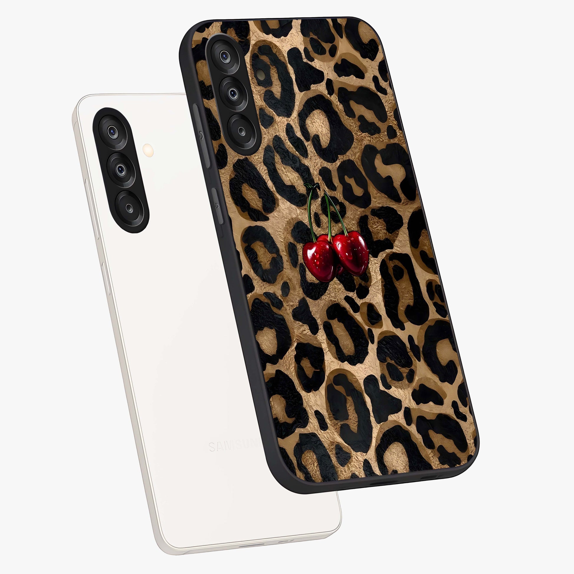 Leopard Wild Cherry Glass Case displayed in angled mockup highlighting bold animal print design with playful cherry aesthetic.
