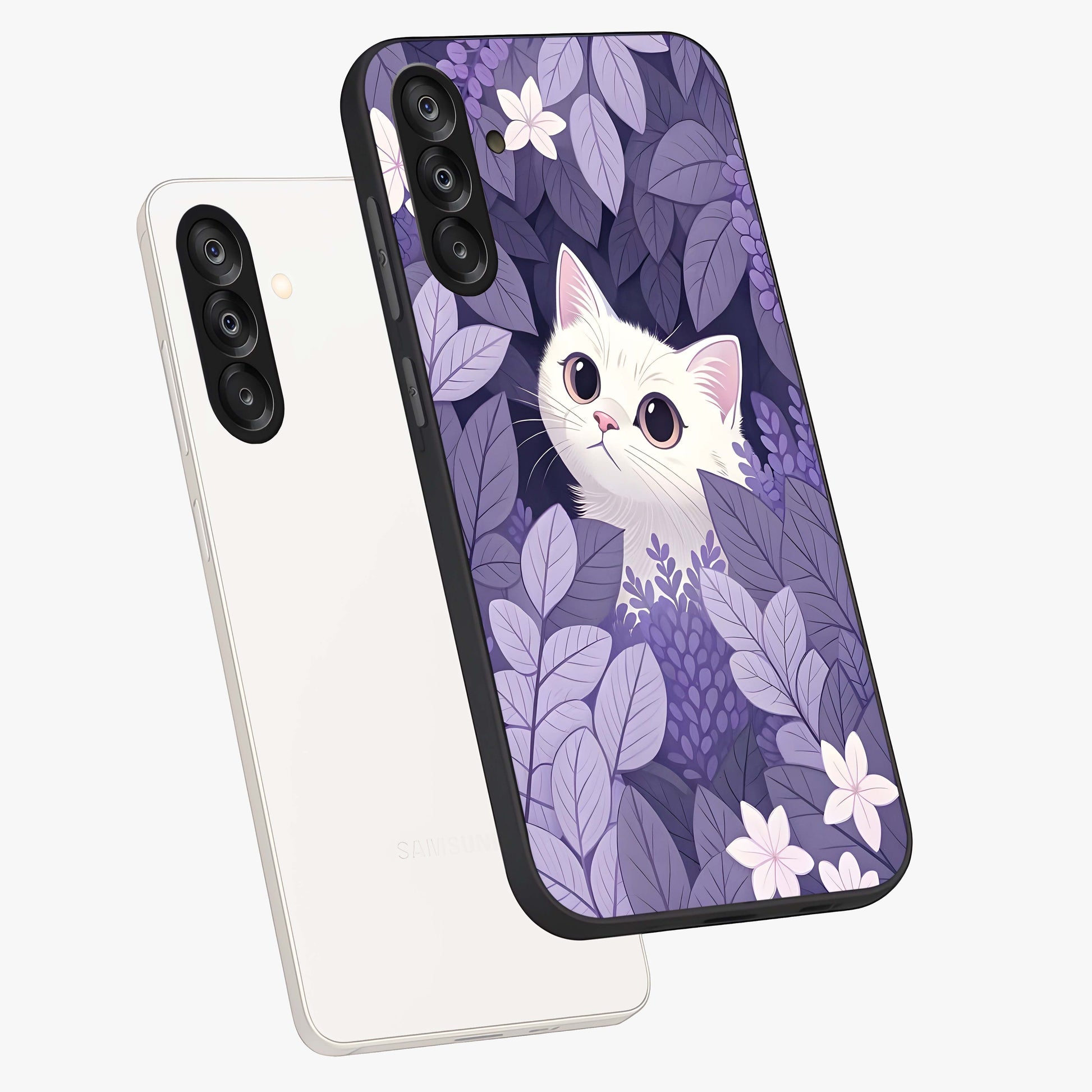 Lilac Hide Peek Cat Glass Case displayed in angled mockup highlighting playful feline illustration with lilac aesthetic design.