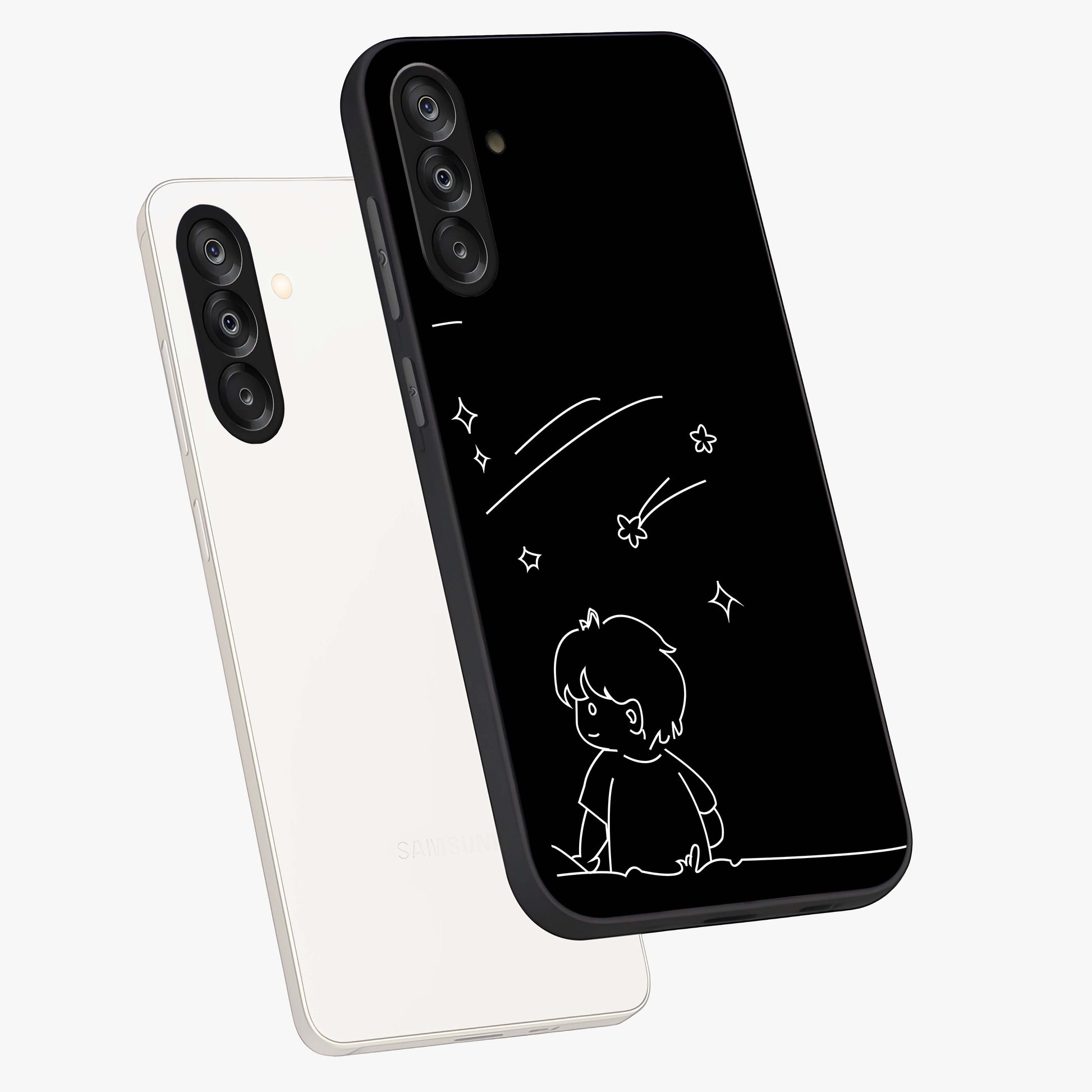 Line Art Boy With Shooting Stars Glass Case displayed in angled mockup highlighting elegant line art design with dreamy star aesthetic.