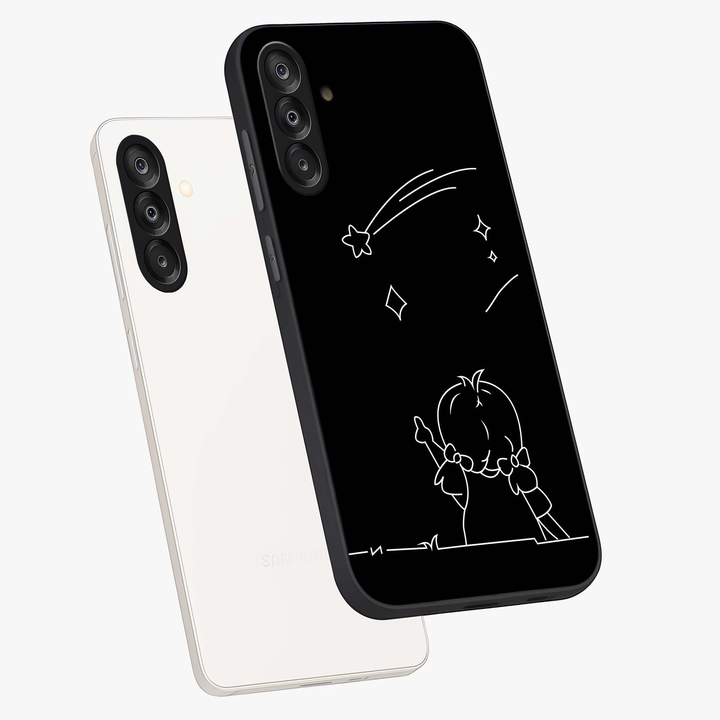 Line Art Girl With Shooting Stars Glass Case displayed in angled mockup highlighting elegant line art design with dreamy star aesthetic.