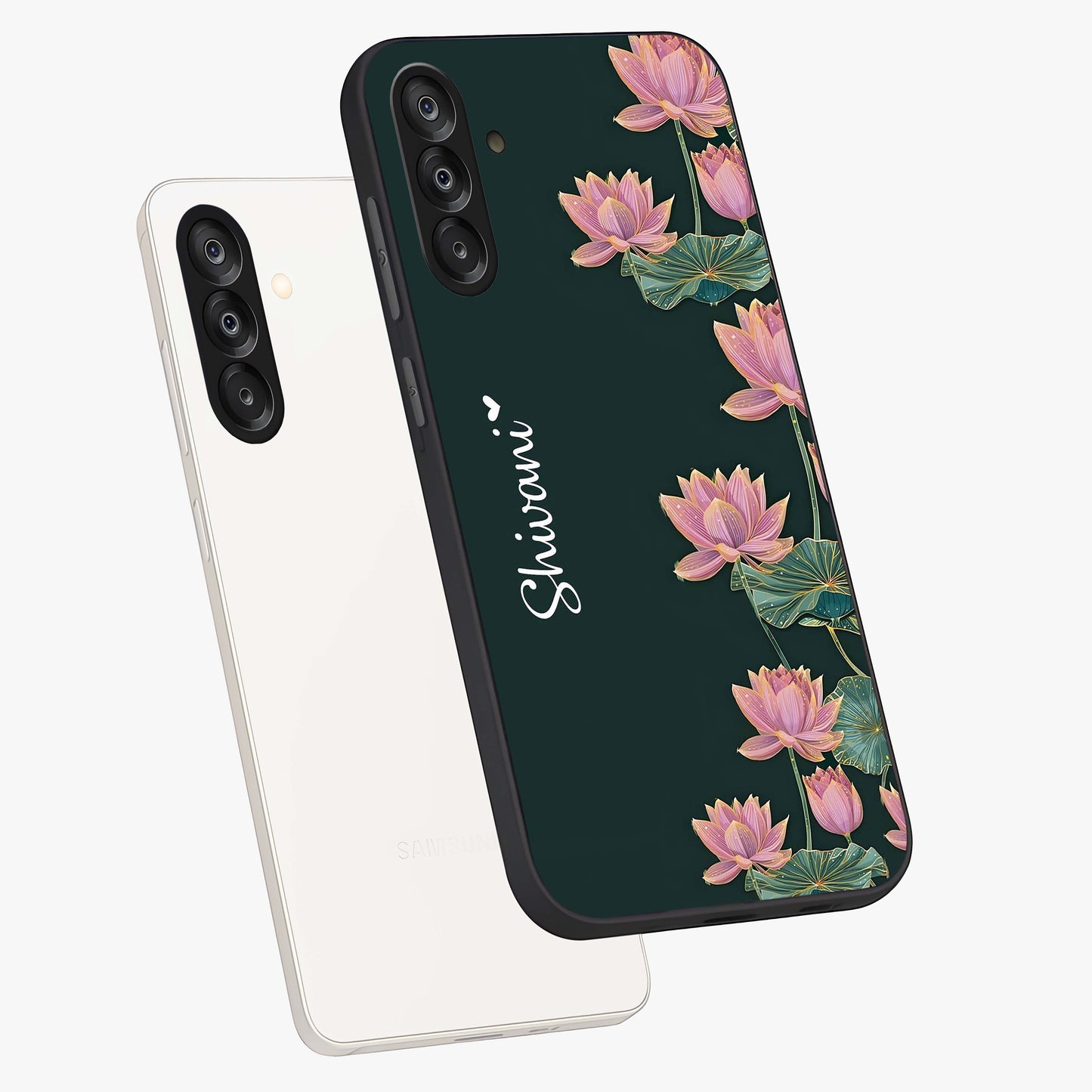 Lotus Bloom Serenity Custom Name Glass Case displayed in angled mockup highlighting graceful lotus illustration with custom name feature.