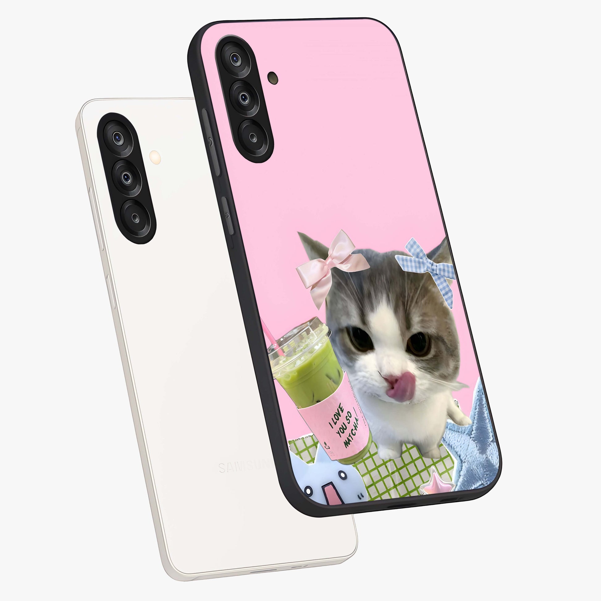 Love Matcha Cat Glass Case displayed in angled mockup highlighting playful feline illustration with cozy matcha aesthetic.
