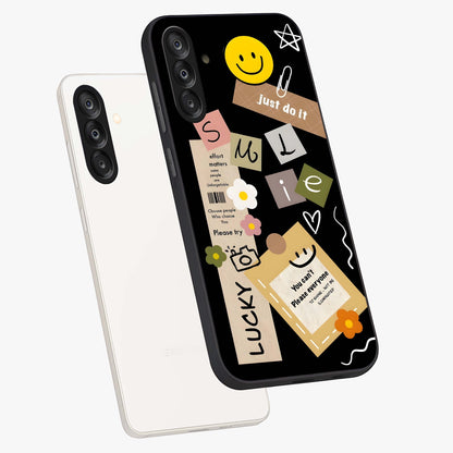 Lucky Aesthetic Collage Glass Case displayed in angled mockup highlighting stylish collage pattern with modern aesthetic vibe.