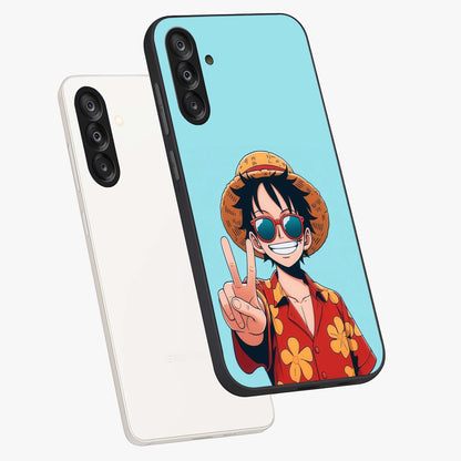 Luffy Summer Anime Vibe Glass Case displayed in angled mockup highlighting energetic anime illustration with summer vibe aesthetic.