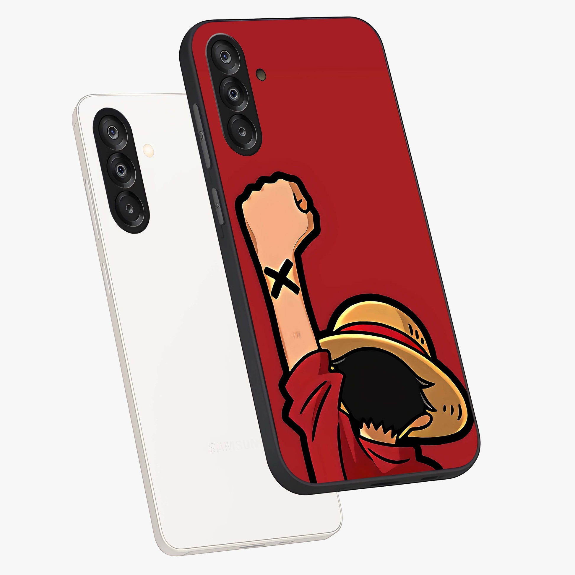 Luffy X Spirit Glass Case displayed in angled mockup highlighting powerful anime design with energetic action aesthetic.