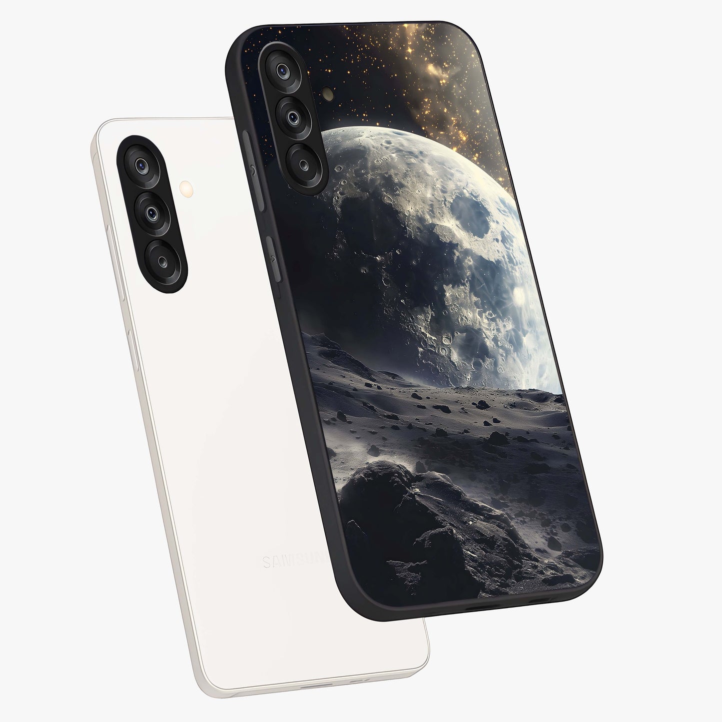 Lunar Horizon Glow Glass Case displayed in angled mockup highlighting celestial moon design with dreamy night aesthetic.