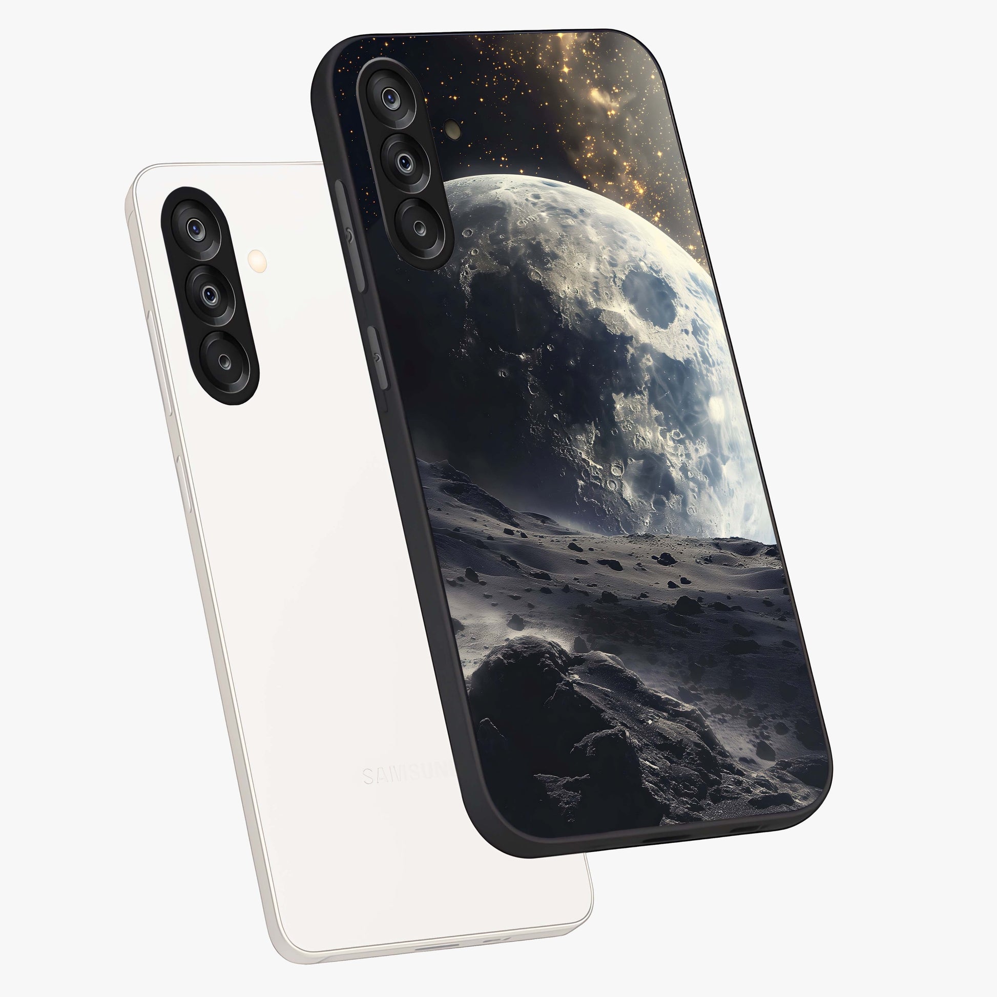 Lunar Horizon Glow Glass Case displayed in angled mockup highlighting celestial moon design with dreamy night aesthetic.