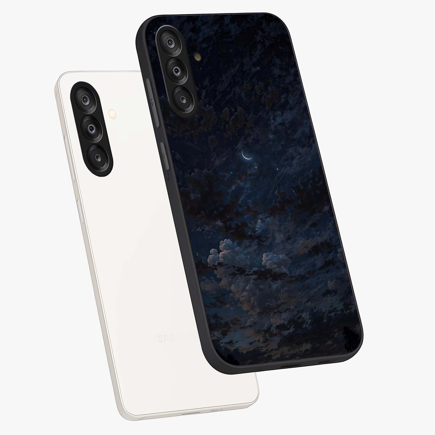 Lunar Veil Silence Glass Case displayed in angled mockup highlighting soft lunar design with peaceful celestial aesthetic.