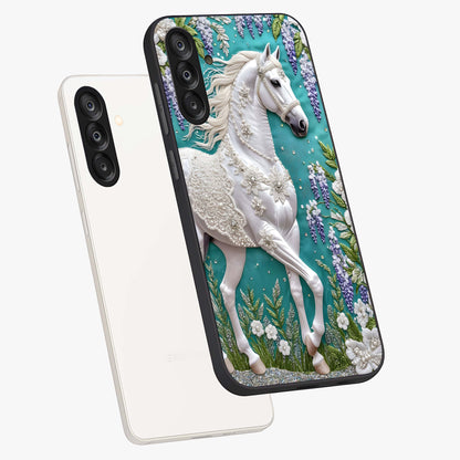 Majestic Floral Stallion Glass Case displayed in angled mockup highlighting majestic stallion illustration with elegant floral aesthetic.