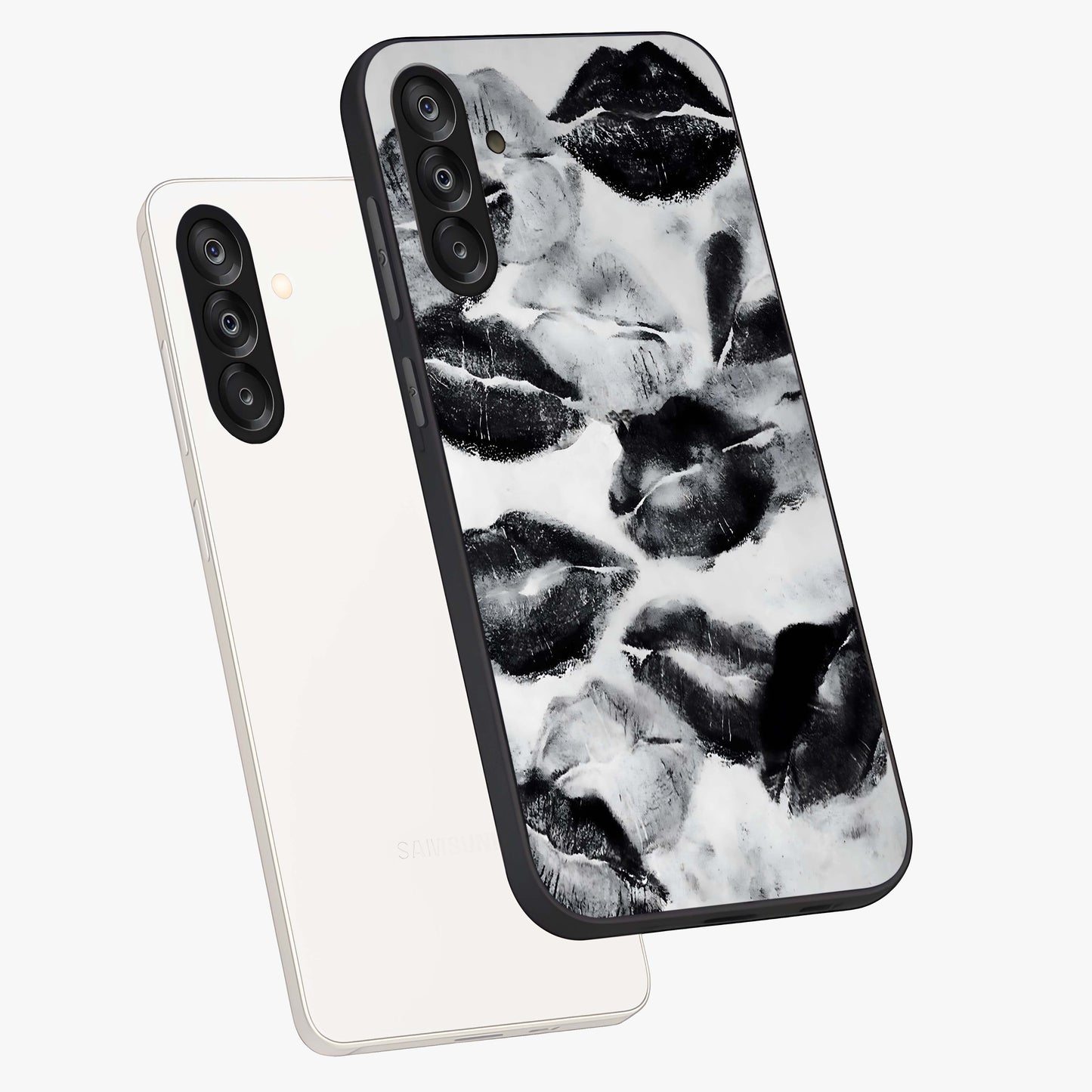 Midnight Kiss Marks Glass Case displayed in angled mockup highlighting playful romantic design with bold midnight aesthetic.