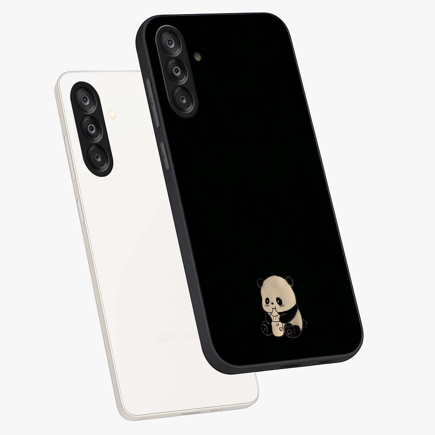 Midnight Panda Love Glass Case displayed in angled mockup highlighting adorable panda illustration with midnight aesthetic.