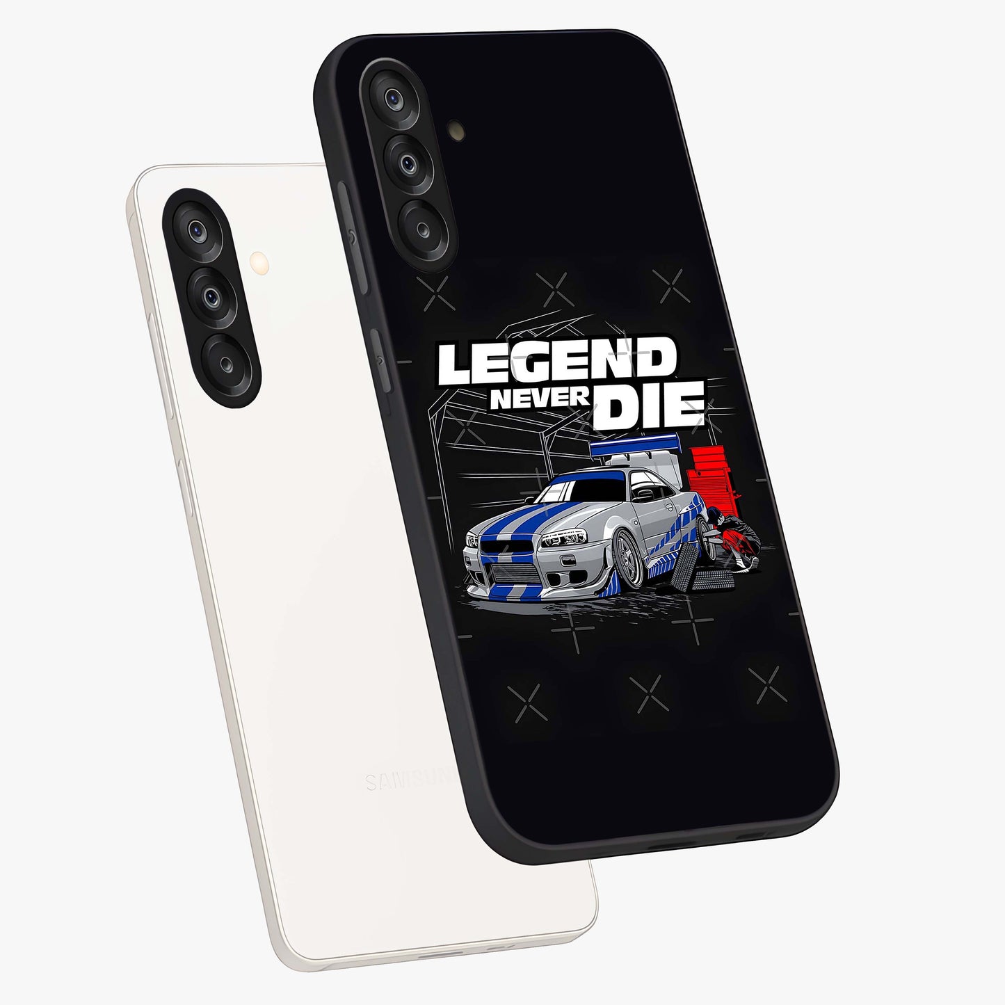 Midnight Racing Legacy Glass Case displayed in angled mockup highlighting dynamic automotive design with bold midnight aesthetic.