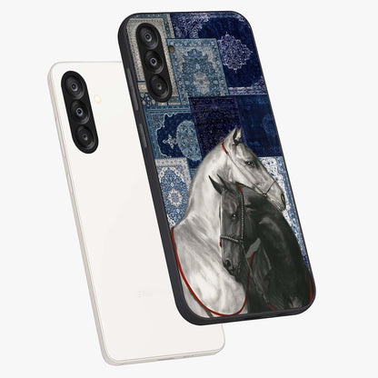 Midnight Stallion Blues Glass Case displayed in angled mockup highlighting powerful stallion illustration with deep midnight tones.