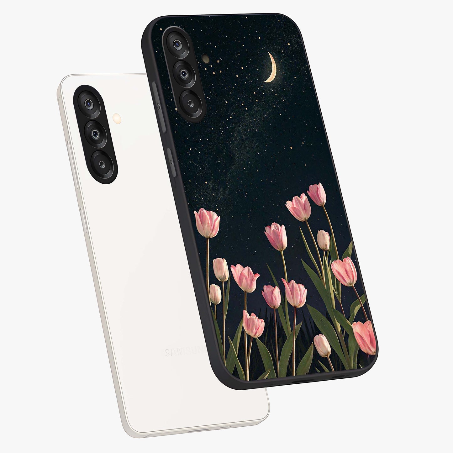 Midnight Tulip Whispers Vibe Glass Case displayed in angled mockup highlighting delicate tulip design with midnight floral aesthetic.
