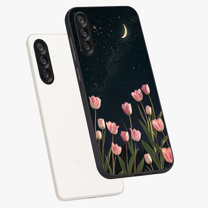 Midnight Tulip Whispers Vibe Glass Case displayed in angled mockup highlighting delicate tulip design with midnight floral aesthetic.