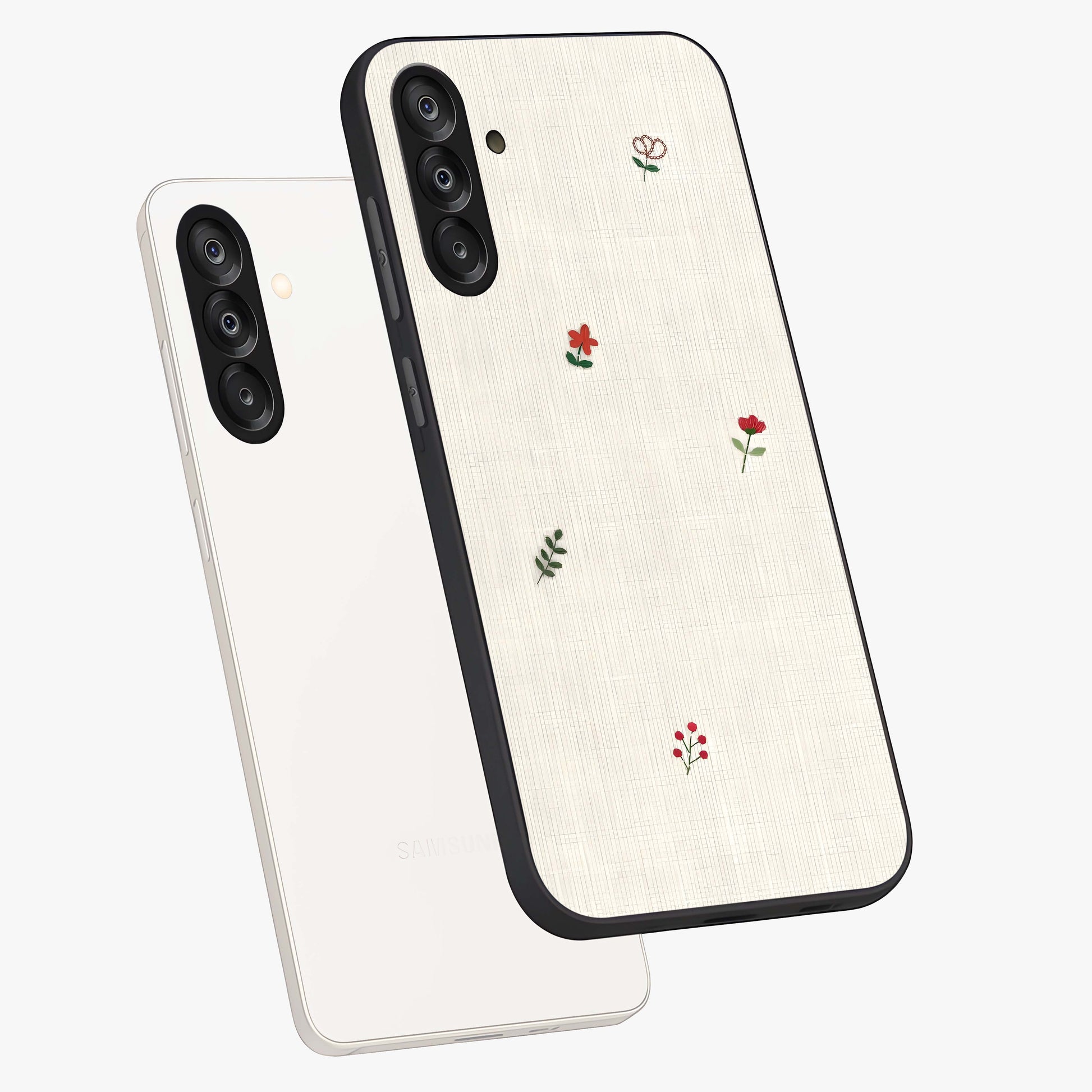 Minimalistic Blue With White Flower Pattern Glass Case displayed in angled mockup highlighting simple floral design with minimal aesthetic.