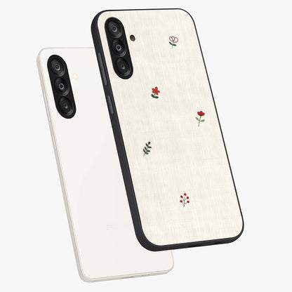 Minimalistic Blue With White Flower Pattern Glass Case displayed in angled mockup highlighting simple floral design with minimal aesthetic.
