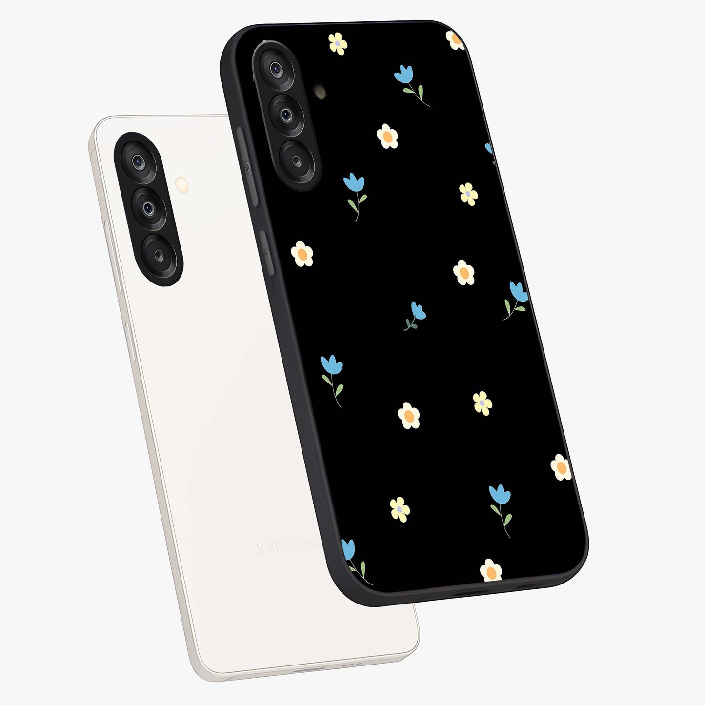 Minimal Petal Whispers Glass Case displayed in angled mockup highlighting delicate petal design with clean minimal aesthetic.