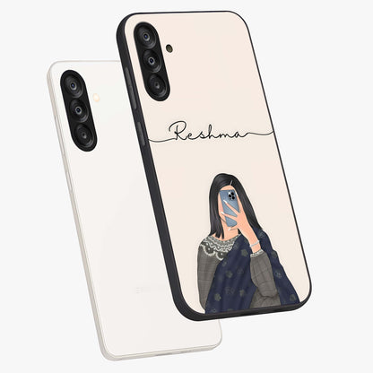 Mirror Mood Muse With Custom Name Glass Case displayed in angled mockup highlighting aesthetic mirror inspired design with custom name feature.