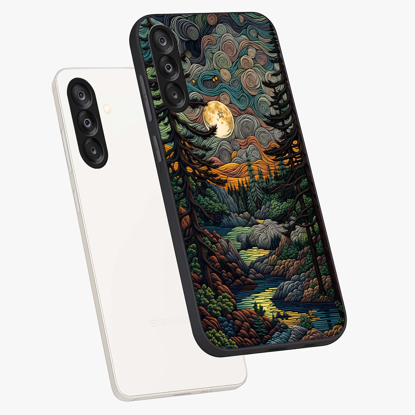 Moonlight Forest Dream Glass Case displayed in angled mockup highlighting dreamy forest design with glowing moon aesthetic.