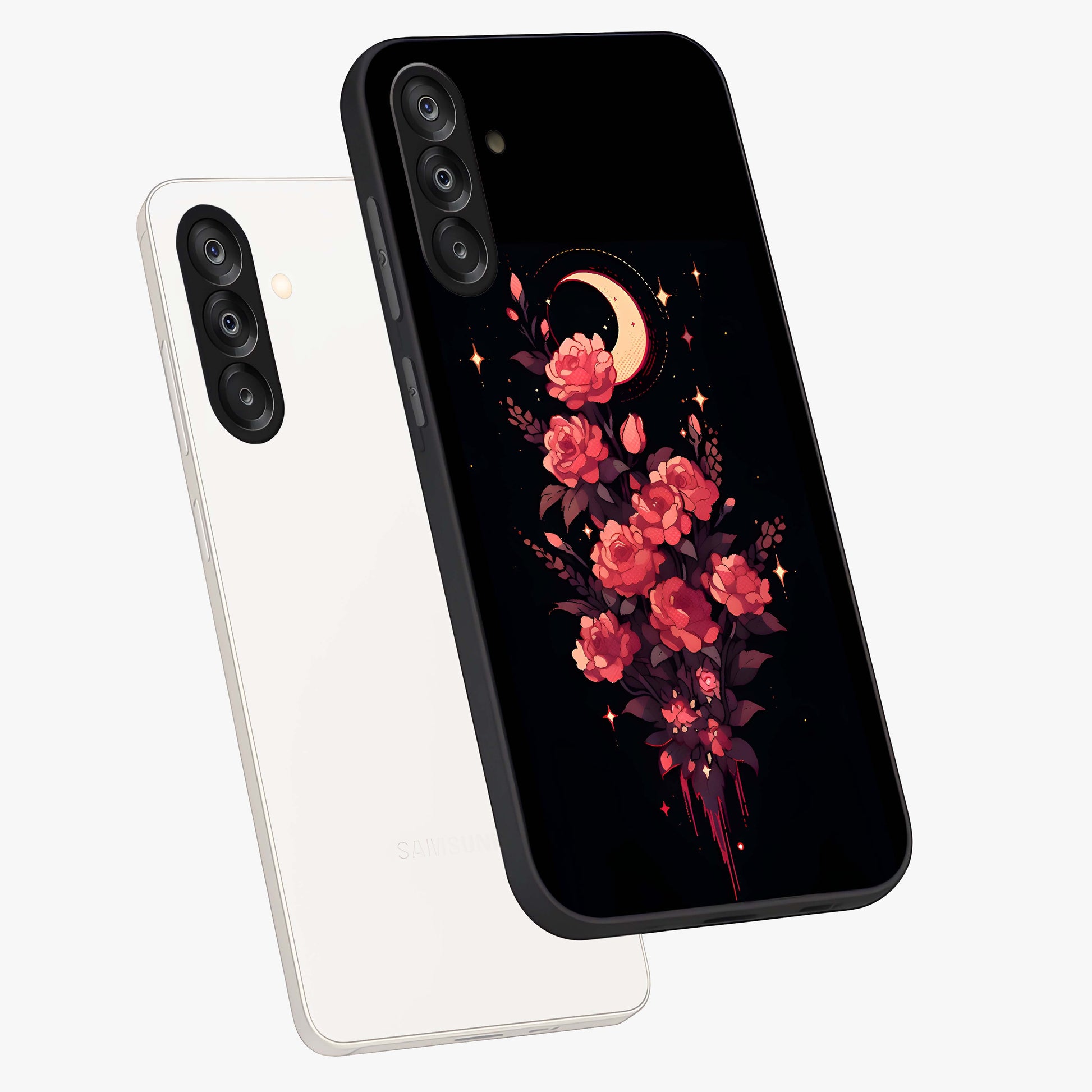 Moonlit Floral Elegance Glass Case displayed in angled mockup highlighting graceful flower design with soft moonlight aesthetic.