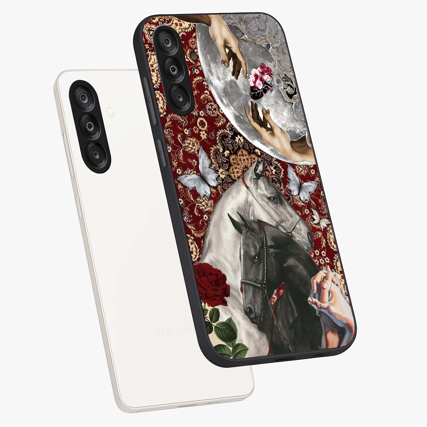 Moonlit Royal Stallion Glass Case displayed in angled mockup highlighting powerful stallion illustration with royal night aesthetic.