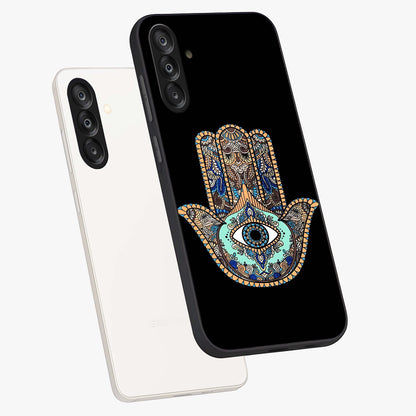 Mystic Hamsa Eye Glass Case displayed in angled mockup highlighting spiritual hamsa symbol with mystical aesthetic style.