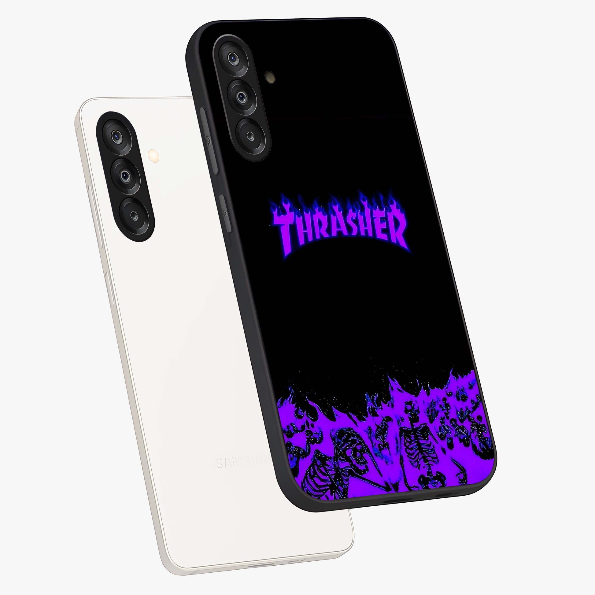 Neon Flame Riot Glass Case displayed in angled mockup highlighting glowing flame design with vibrant neon aesthetic.