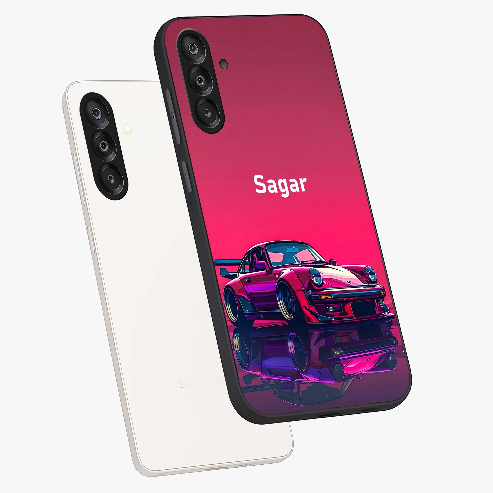 Neon Pink Porsche Glass Case displayed in angled mockup highlighting sleek neon pink car design with racing aesthetic.