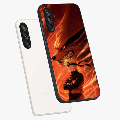 Nine Tails Legacy Glass Case displayed in angled mockup highlighting dynamic anime beast illustration with bold mystical aesthetic.