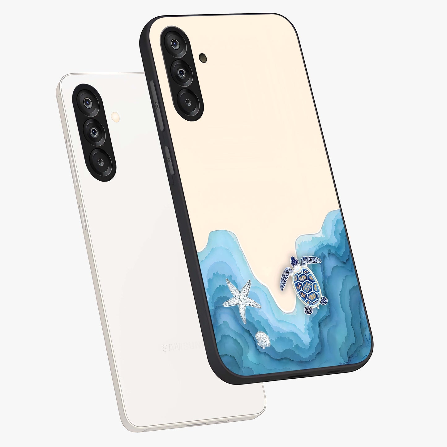 Ocean Drift Turtle Glass Case displayed in angled mockup highlighting peaceful ocean turtle illustration with marine aesthetic.