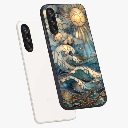 Oceanic Stained Printed Glass Case displayed in angled mockup highlighting colorful aquatic design with artistic aesthetic style.
