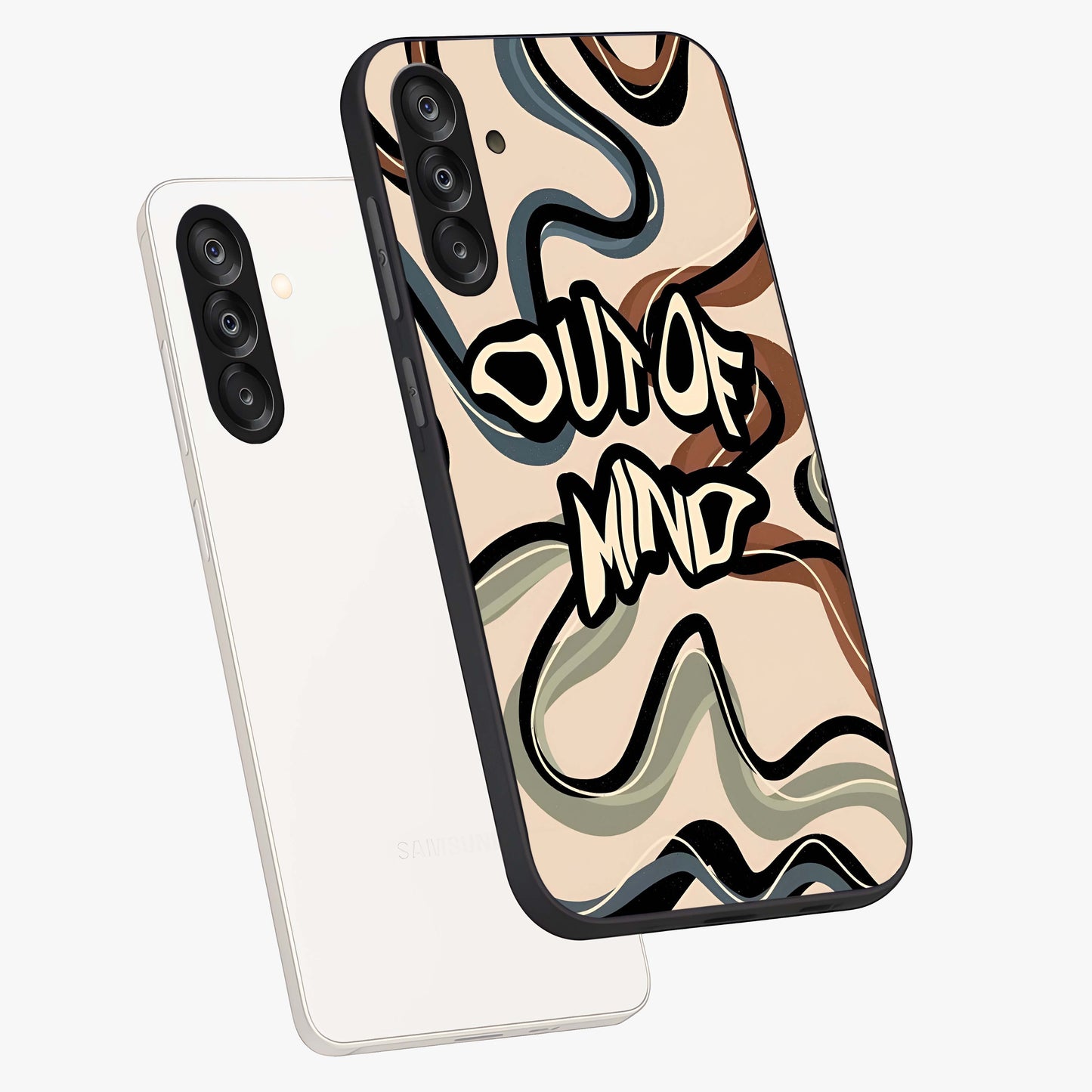 Out Of Mind Glass Case displayed in angled mockup highlighting bold statement design with modern artistic aesthetic.