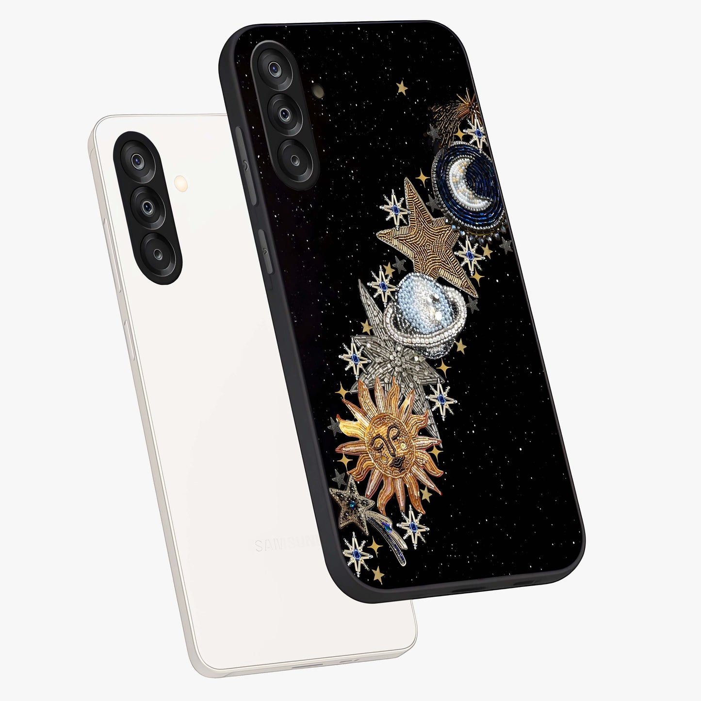 Pearls Universe Object Glass Case displayed in angled mockup highlighting celestial pearl design with dreamy aesthetic.