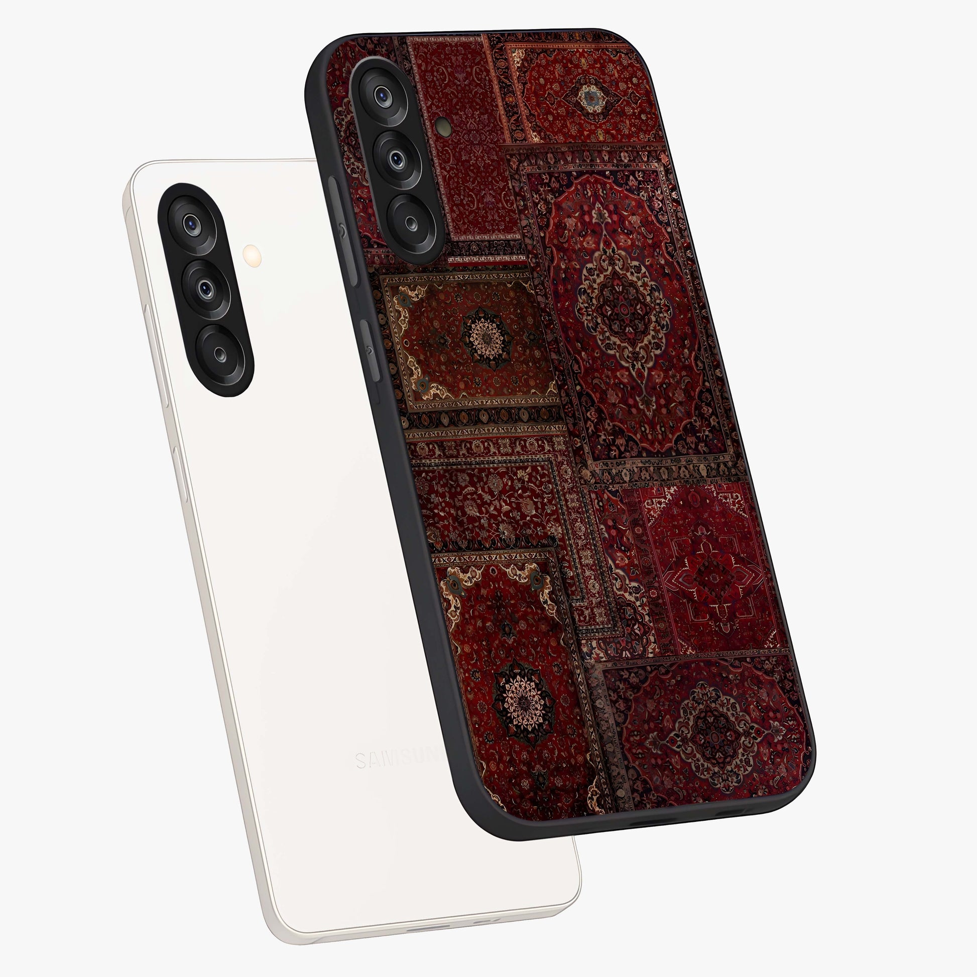 Persian Velvet Tale Glass Case displayed in angled mockup highlighting ornate textile inspired design with royal aesthetic.