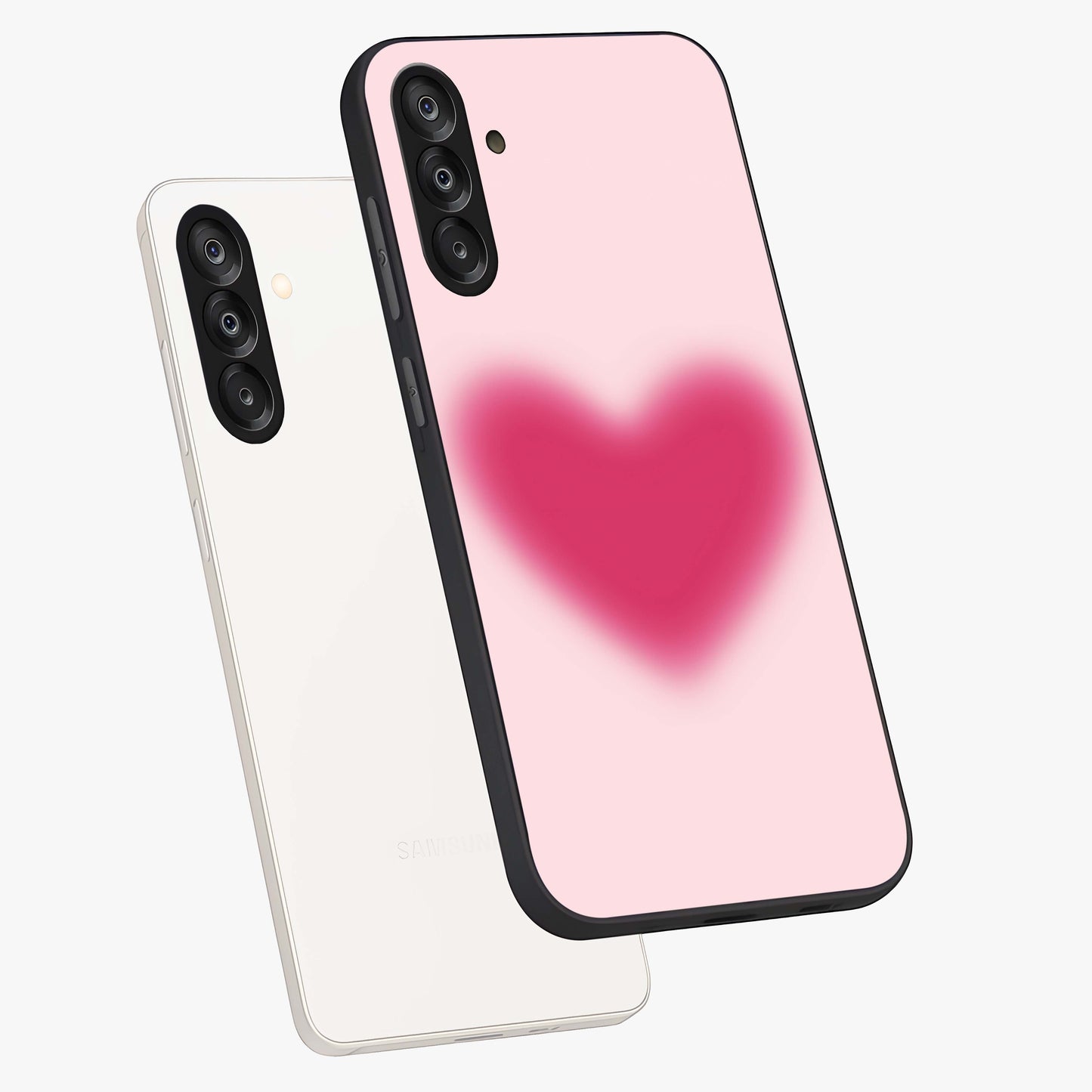 Pink Aura Heart Glass Case displayed in angled mockup highlighting vibrant pink heart design with dreamy aura aesthetic.