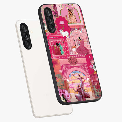 Pink Palace Muse Glass Case displayed in angled mockup highlighting dreamy palace illustration with soft pink aesthetic.