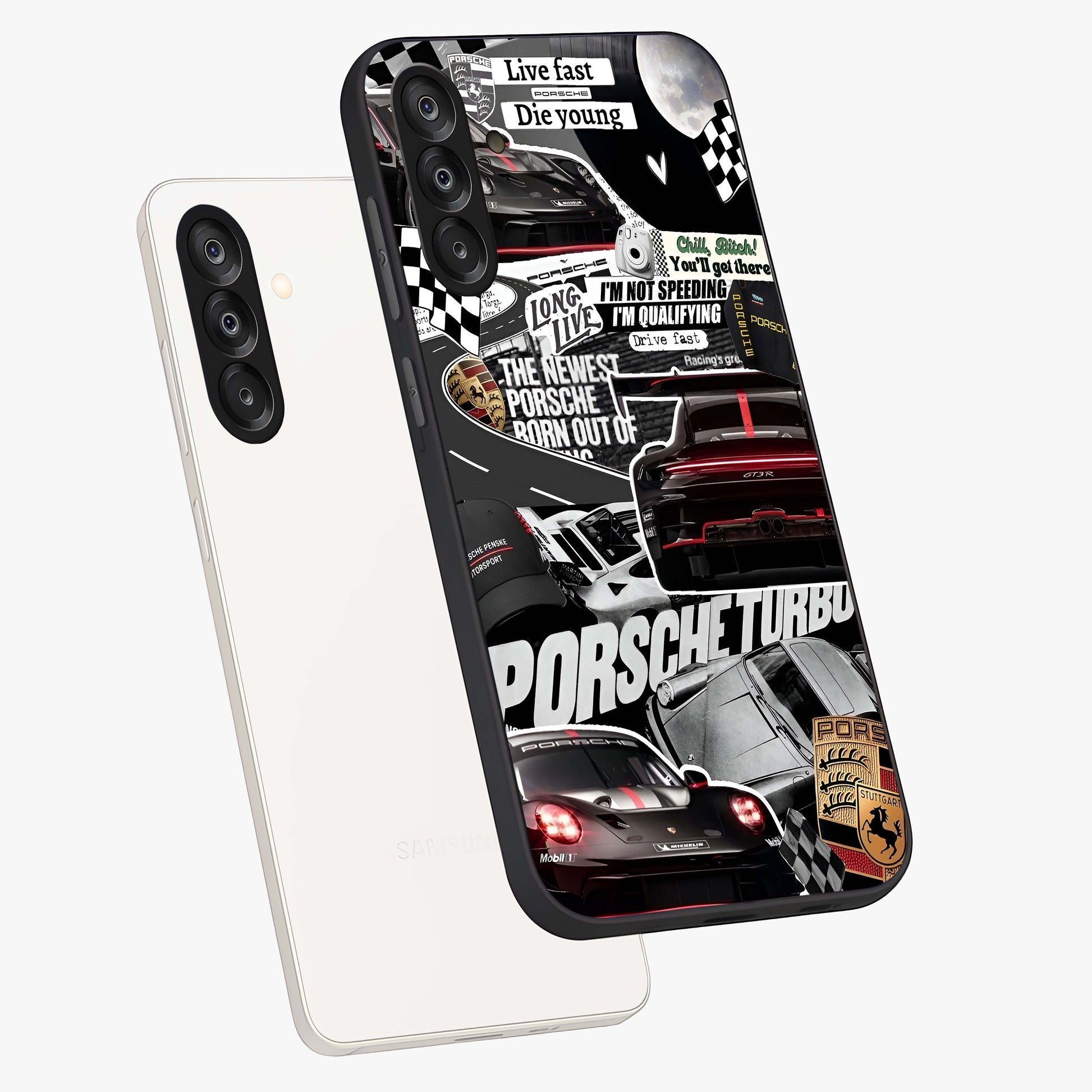 Porsche Racing Collage Glass Case displayed in angled mockup highlighting dynamic automotive design with bold racing aesthetic.