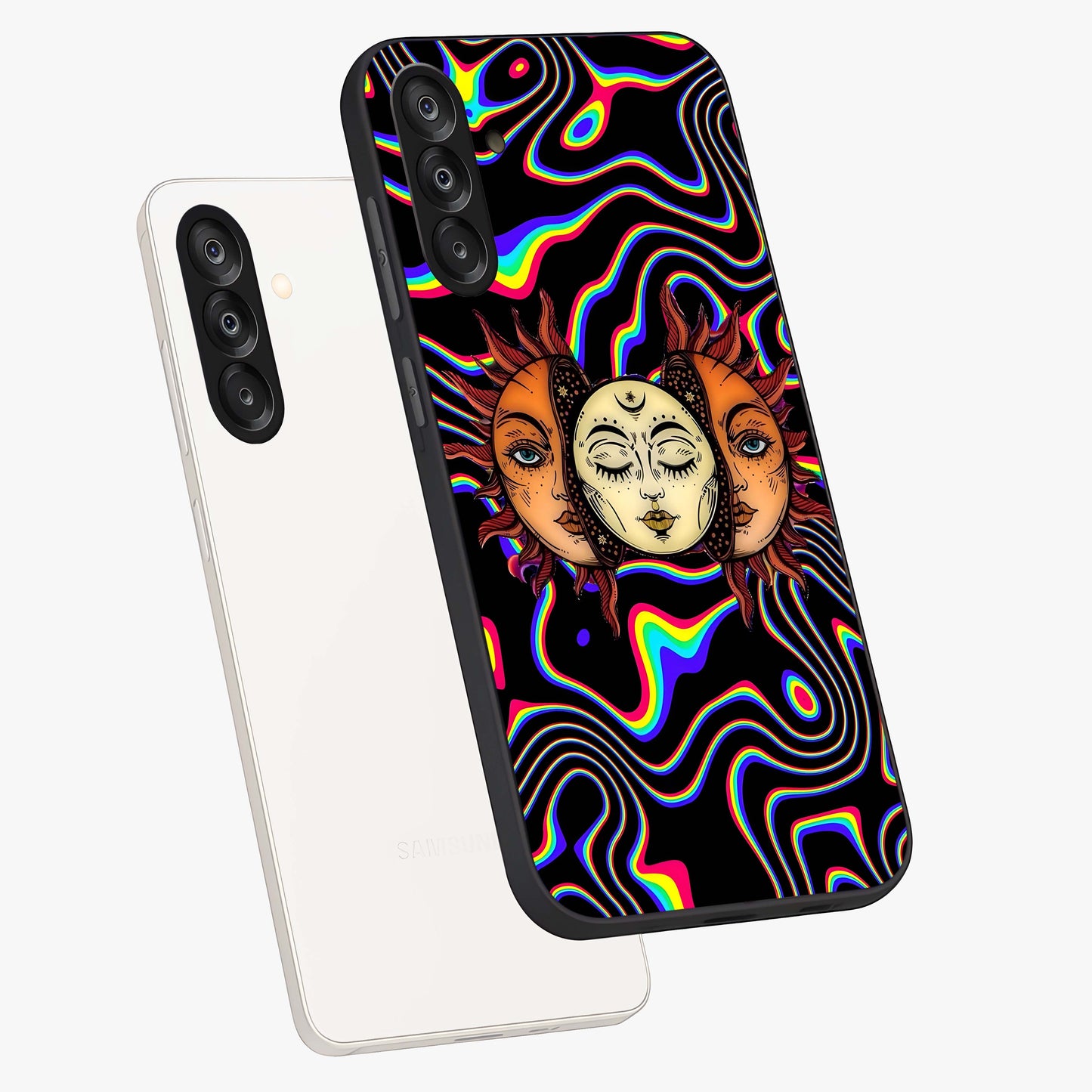Psychedelic Sun Glass Case displayed in angled mockup highlighting vibrant abstract sun design with artistic aesthetic style.