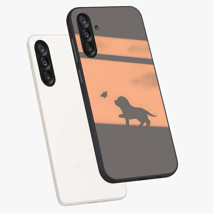 Puppy Shadow Art Glass Case displayed in angled mockup highlighting playful dog illustration with artistic shadow aesthetic.