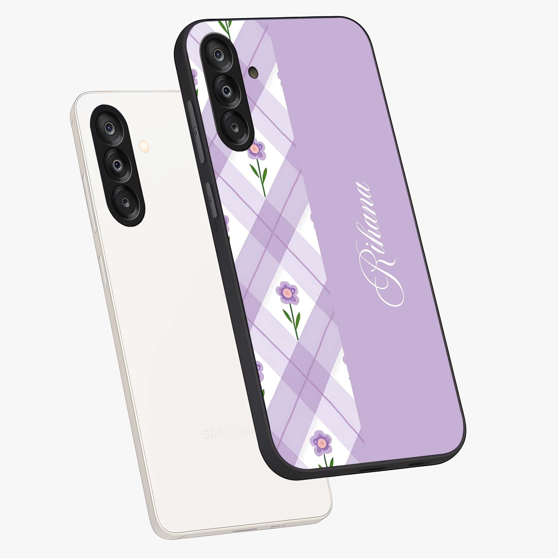 Purple Diamond Floral Glass Case displayed in angled mockup highlighting elegant purple flower design with decorative pattern.