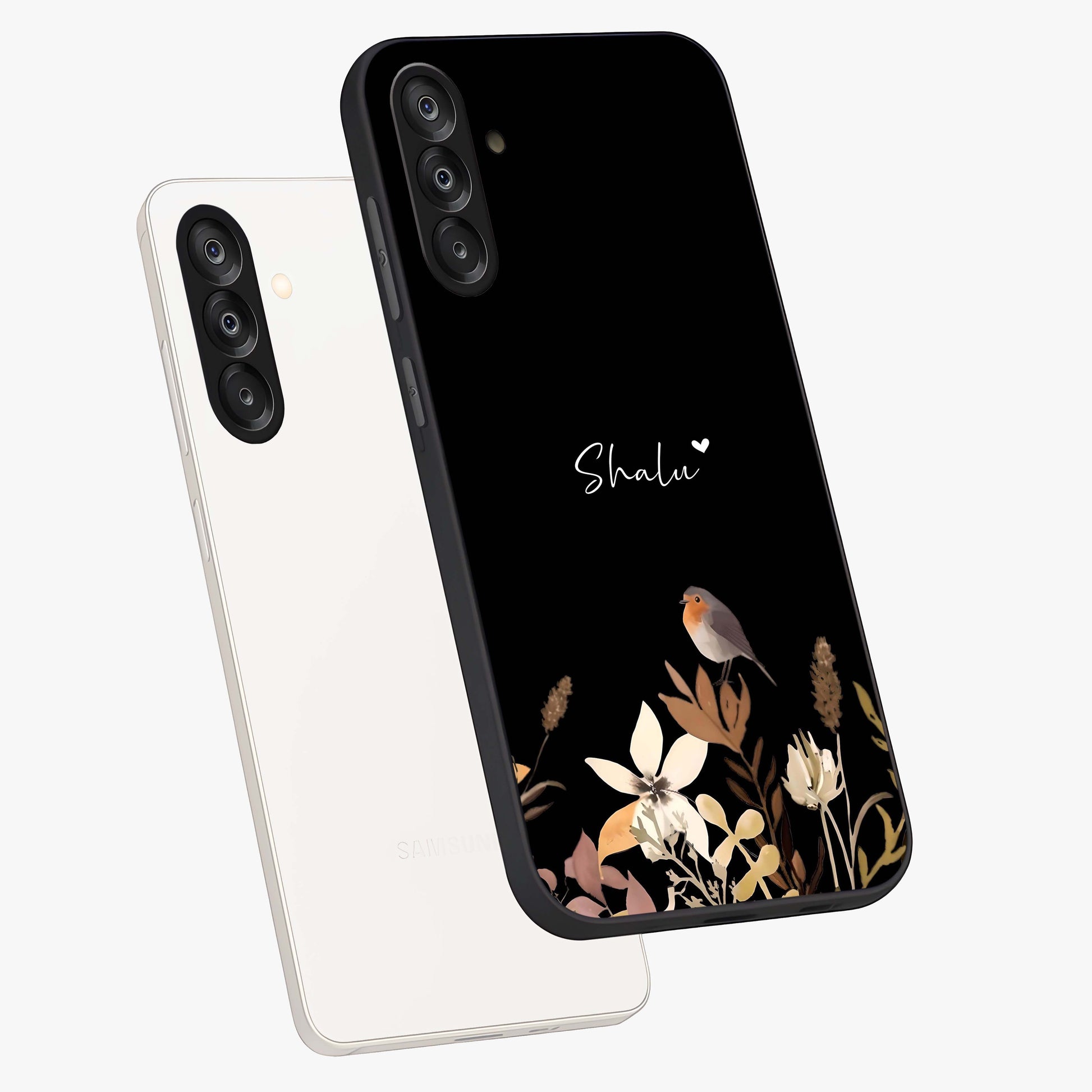 Quiet Garden Tune Custom Name Glass Case displayed in angled mockup highlighting delicate floral garden design with custom name feature.