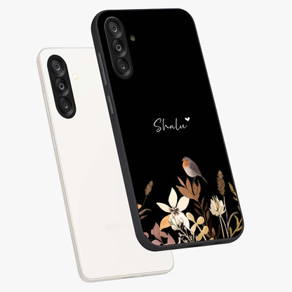 Quiet Garden Tune Custom Name Glass Case displayed in angled mockup highlighting delicate floral garden design with custom name feature.