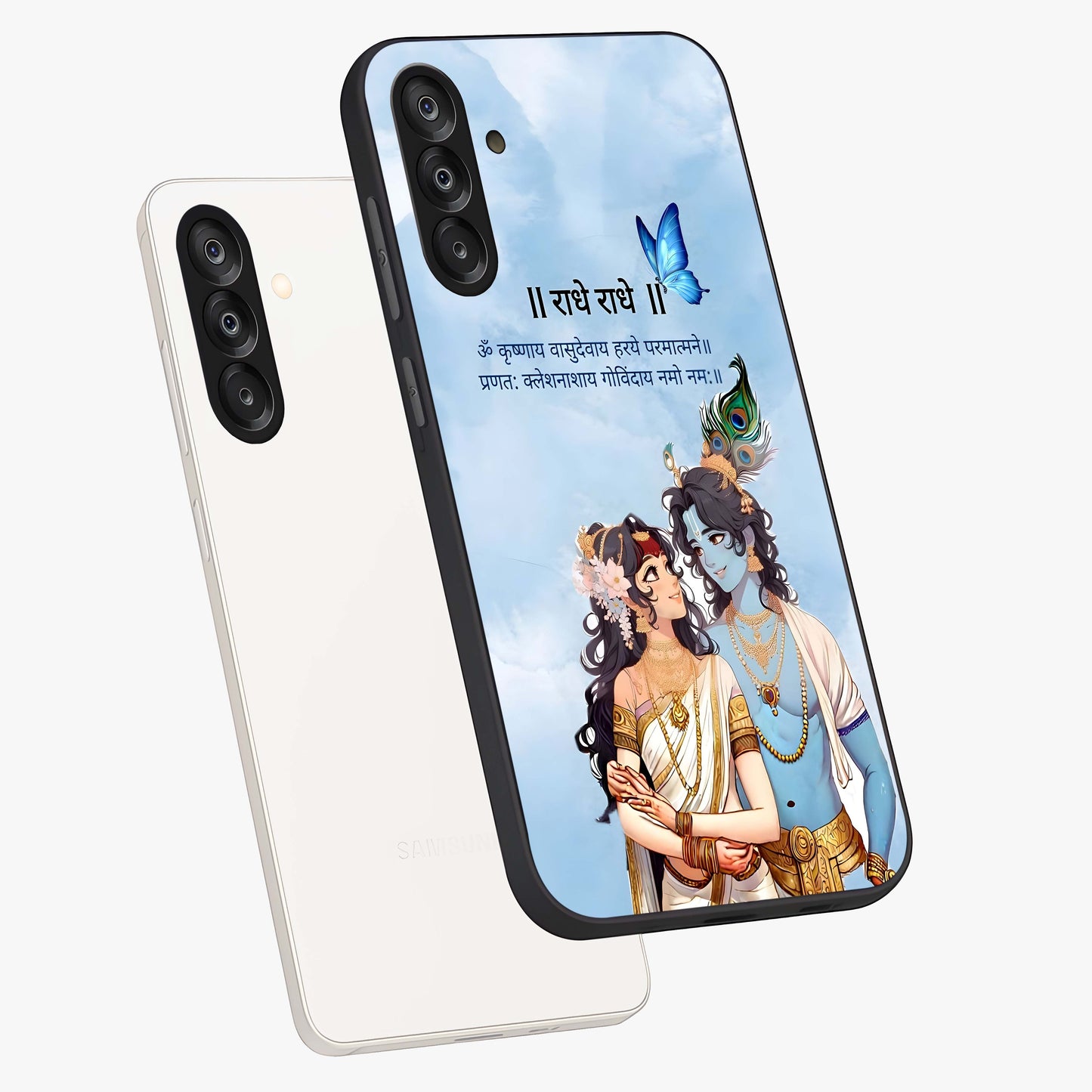 Radha Krishna Eternal Glass Case displayed in angled mockup highlighting divine Radha Krishna illustration with spiritual aesthetic.