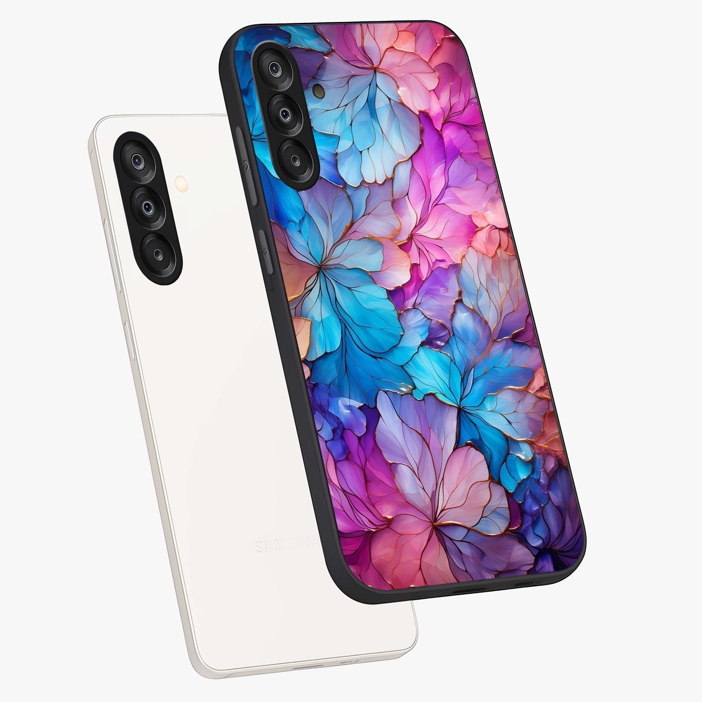 Radiant Floral Whirl Glass Case displayed in angled mockup highlighting vibrant flower pattern with dynamic artistic aesthetic.