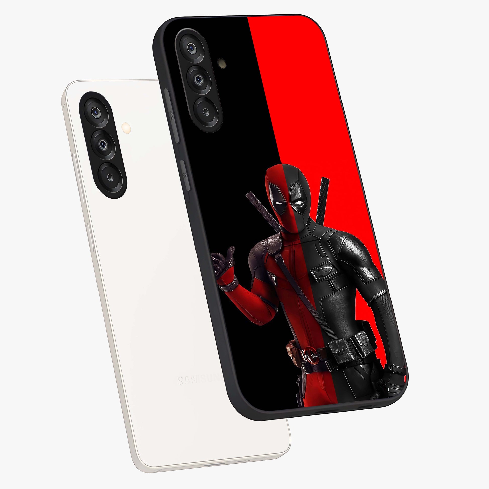 Red & Black Deadpool Theme Glass Case displayed in angled mockup highlighting vibrant superhero style illustration with action aesthetic.
