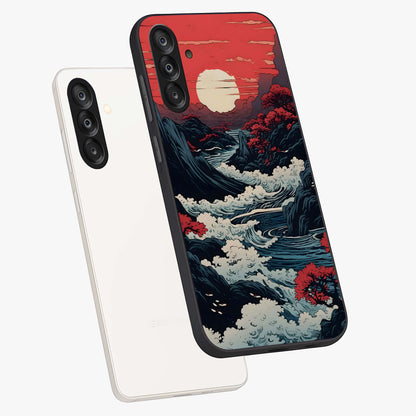 Red Sunset Scenery Glass Case displayed in angled mockup highlighting glowing sunset sky design with scenic aesthetic.