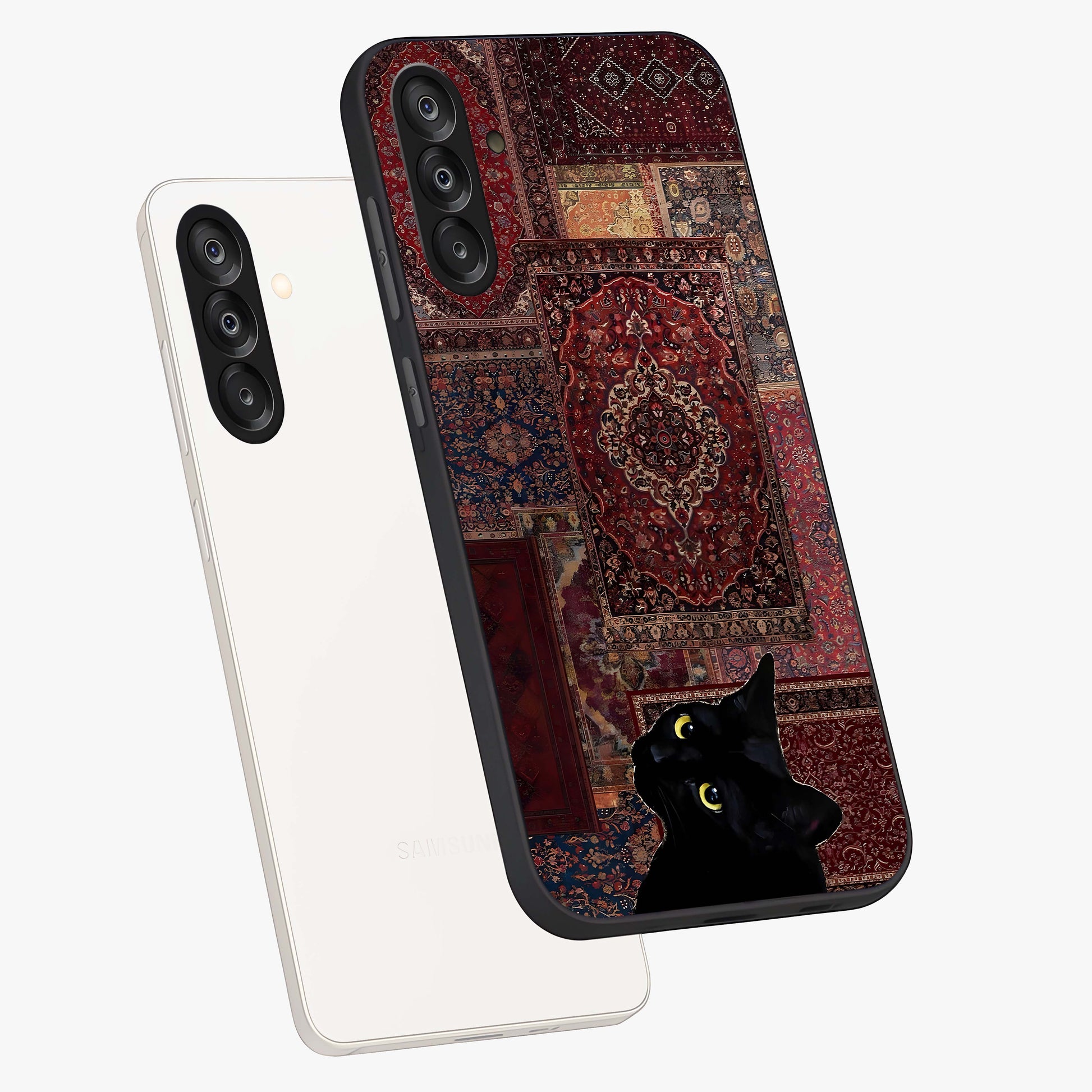 Regal Magic Cat Apple Glass Case displayed in angled mockup highlighting whimsical feline design with fantasy aesthetic.