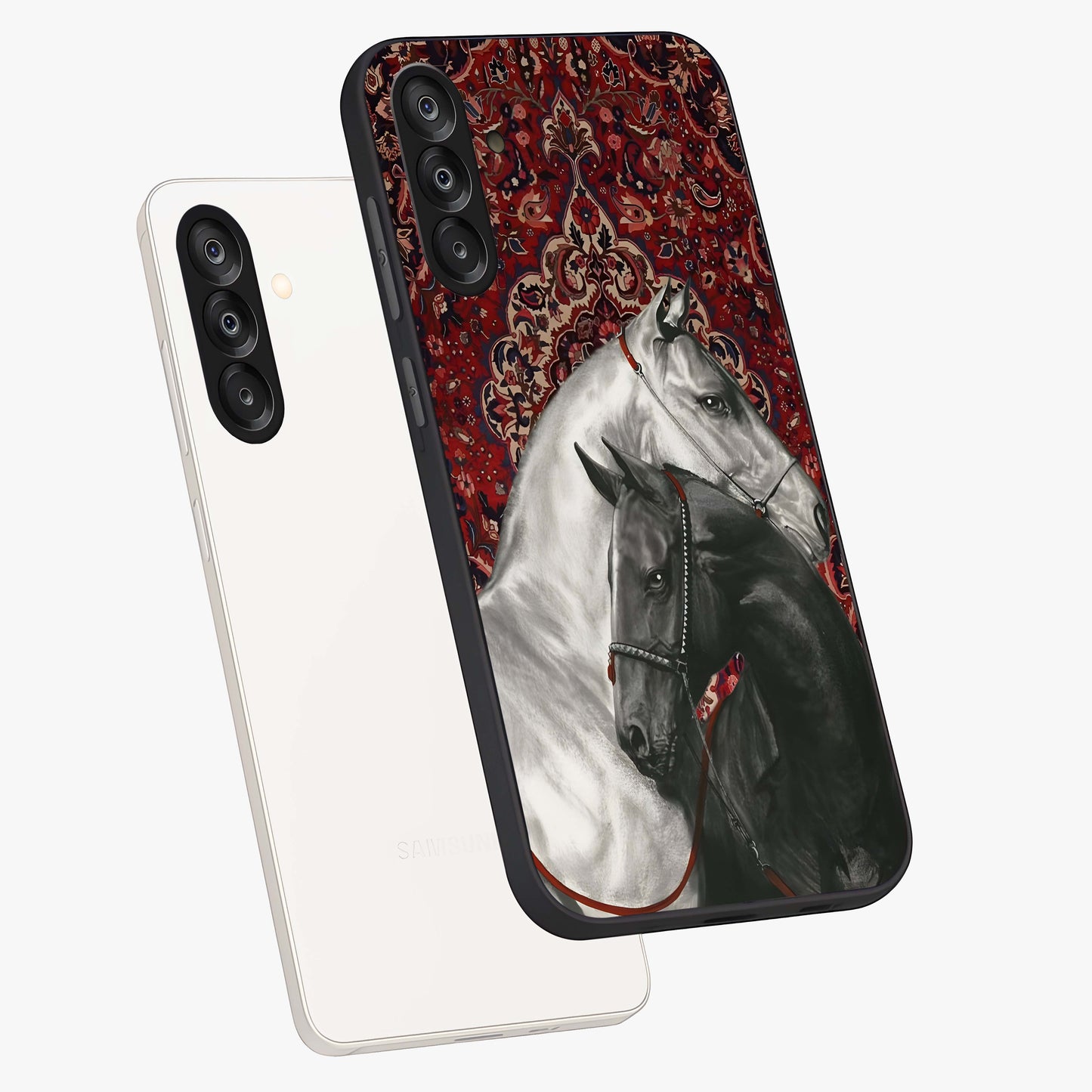 Regal Stallion Tapestry Glass Case displayed in angled mockup highlighting royal stallion design with decorative heritage aesthetic.