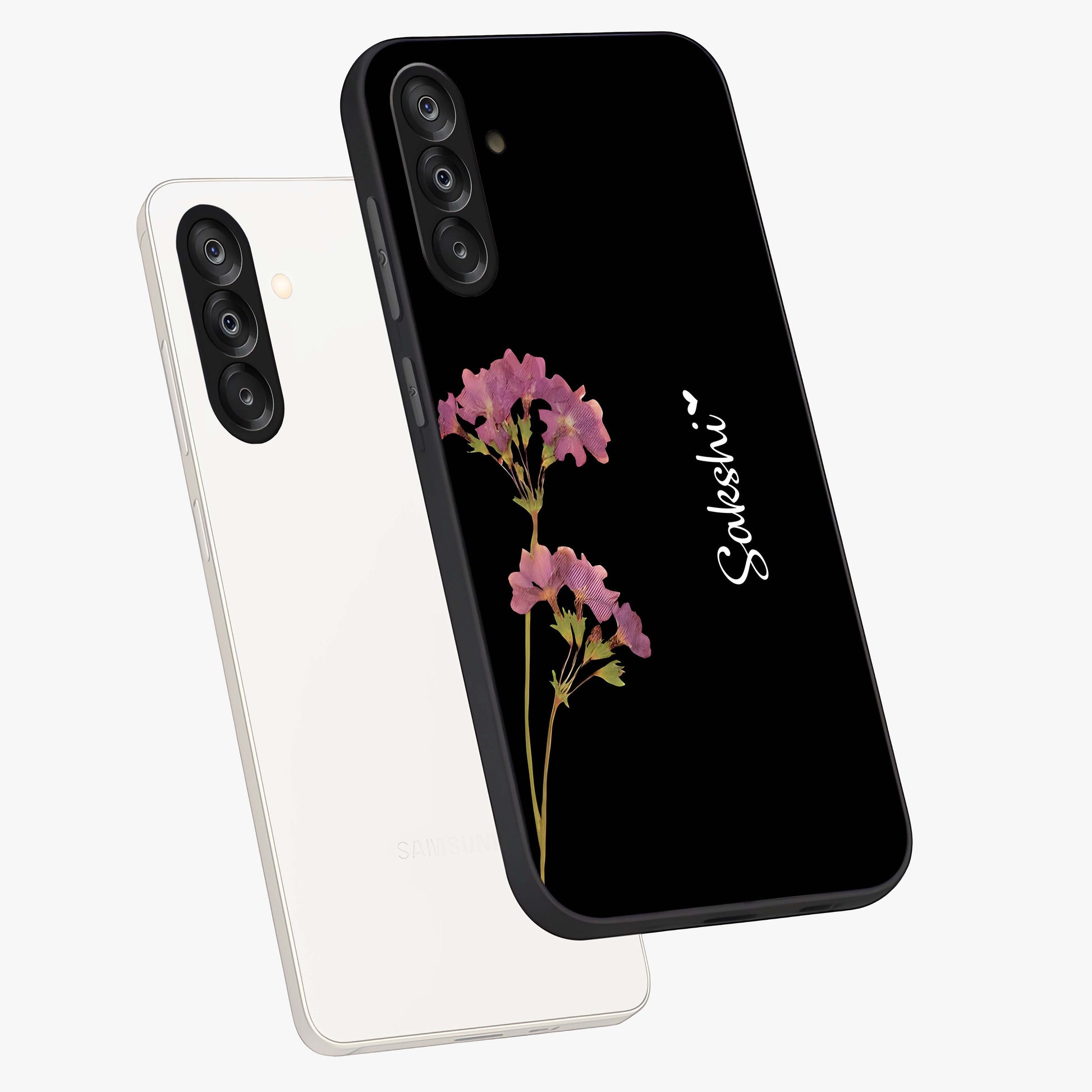 Riching Lavender Flower Custom Name Glass Case displayed in angled mockup highlighting delicate lavender flower design with custom name feature.